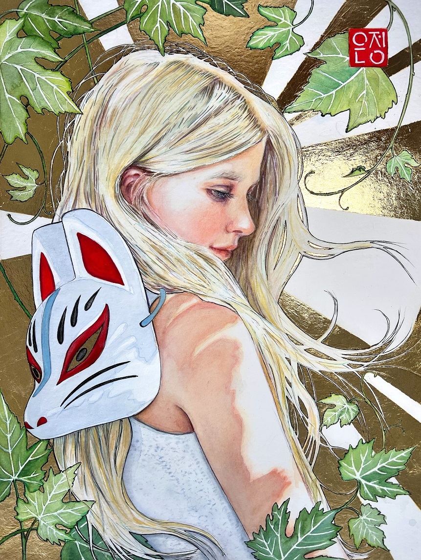 watercolor and gold leaf portrait on paper